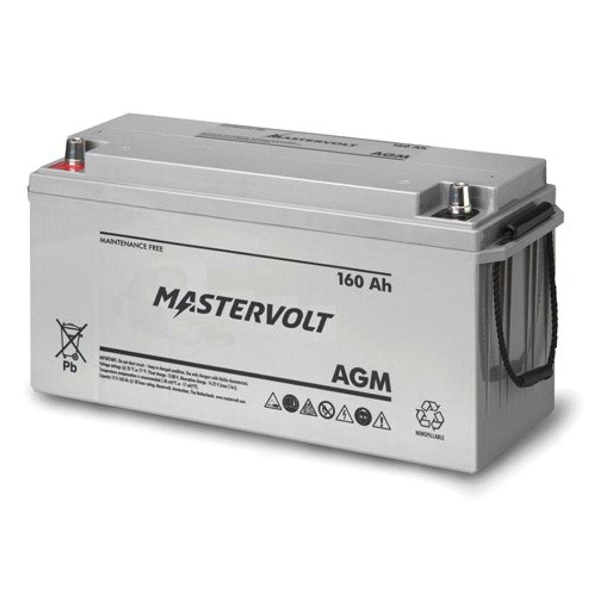 Mastervolt 12V 160Ah AGM battery 62001600, grey case with Mastervolt logo, terminals and carry handle, angled view