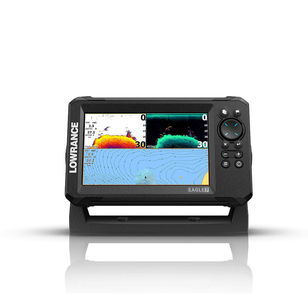 Lowrance 000-16311-001 Eagle 7 with 50/200 HDI, front view of a 7 inch fishfinder on a bracket showing sonar and chart panes