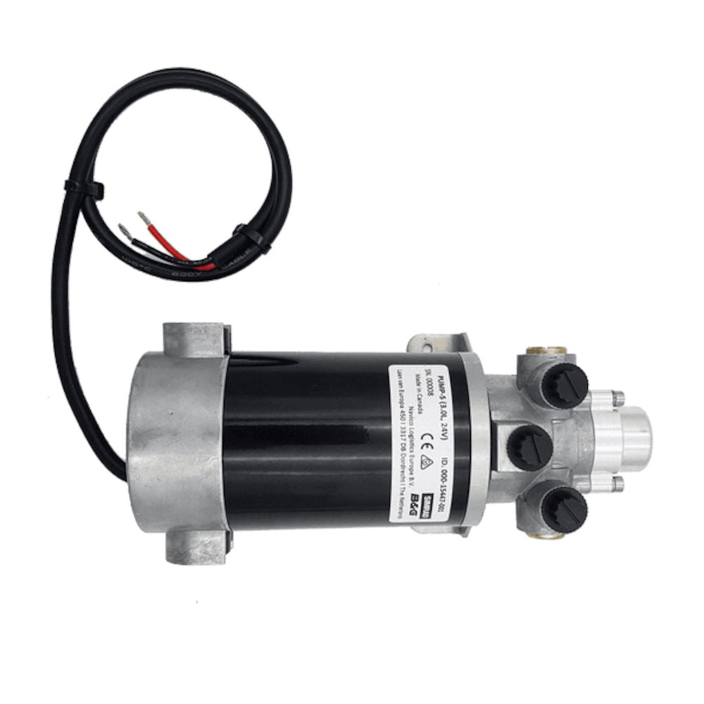 Navico 000-15447-001 PUMP-5 24 V 3.0 L, black motor on a silver pump block with a red and black lead and a label
