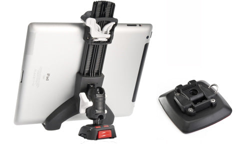 ROKK Mini tablet kit RLS-508-404, a tablet held in a black clamp on a ball mount, with the adhesive base shown beside it
