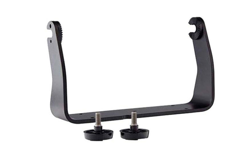 Raymarine R70524 metal trunnion mounting kit for Axiom 7, black U-shaped bracket with two black knobs, angled view