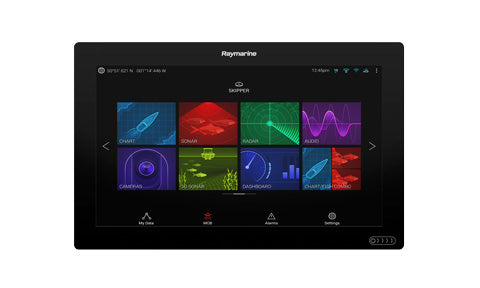 Raymarine E70399 Axiom XL 16 glass bridge MFD, front view of black display showing home screen app tiles