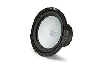 Kicker KM Marine 12 inch subwoofer 4 ohm, KA45KMF124, black subwoofer with a white cone and a Kicker logo