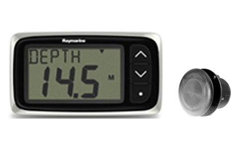 Raymarine E70142 i40 depth display with P7D through hull depth transducer, display reading 14.5 m and a black transducer