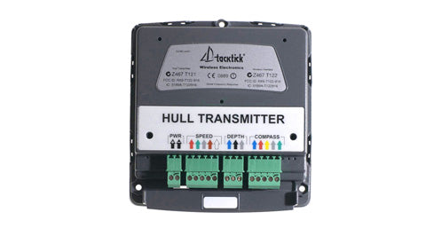 Raymarine T121 hull transmitter, grey Tacktick unit with green terminal blocks for power, speed, depth and compass
