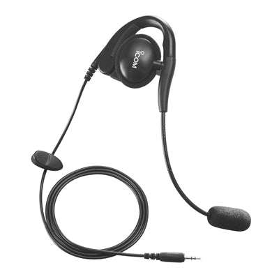 Icom HS-94 headset, black ear hook headset with a boom microphone and a lead with a 3.5 mm plug