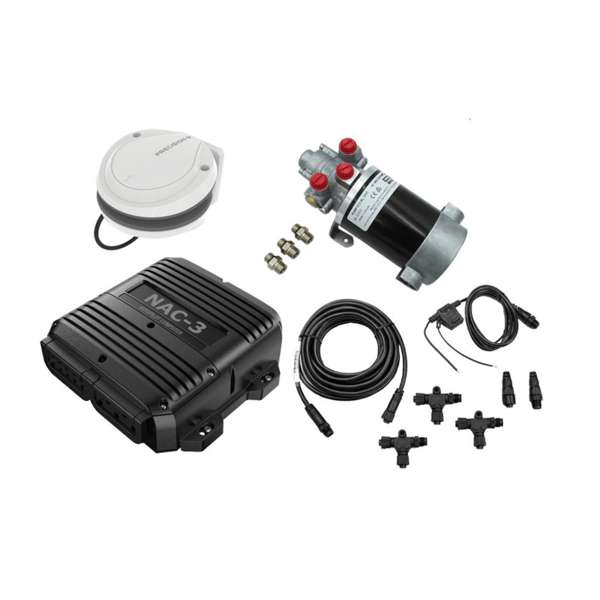 Simrad AP44 VRF hydraulic autopilot pack 000-13562-002 with NAC-3 computer, pump, compass and cables laid out