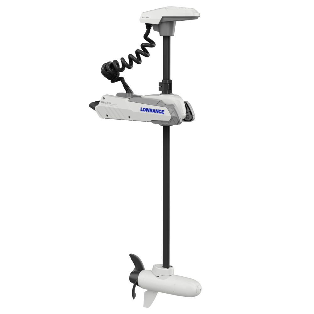 Lowrance 000-16179-001 Recon saltwater 54 inch trolling motor, white bow-mount motor on a long shaft with a coiled cable