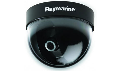 Raymarine E03017 CAM50 CCTV camera PAL, black dome camera with Raymarine lettering and a round lens