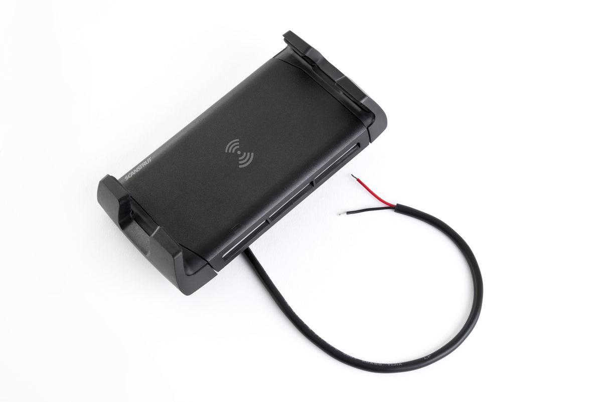 Scanstrut ROKK Active SC-CW-04G wireless charging phone cradle with bare power wires, angled view on white