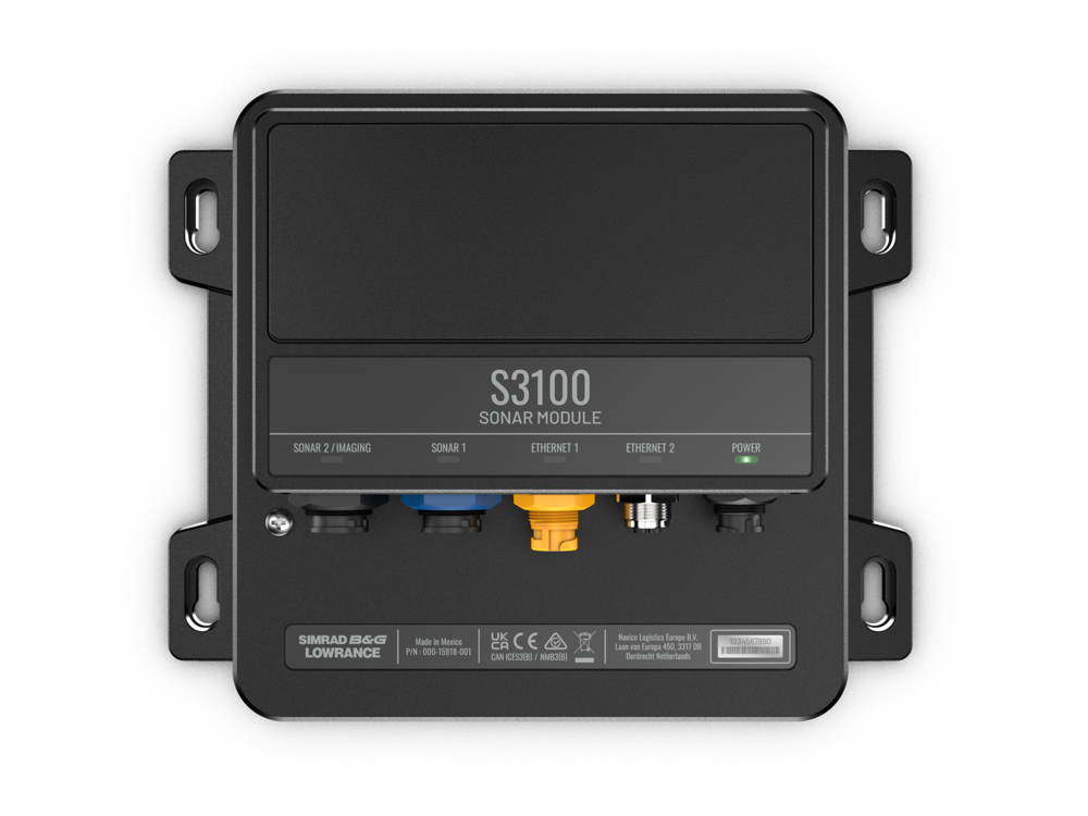 Navico 000-15918-001 S3100 sonar module, black rectangular module with S3100 label, coloured ports and mounting ears