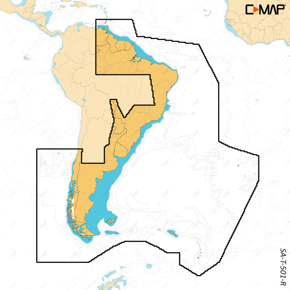 C-MAP Reveal X chart coverage map M-SA-T-501-R-MS, outline over South America from Gulf of Paria to Cape Horn