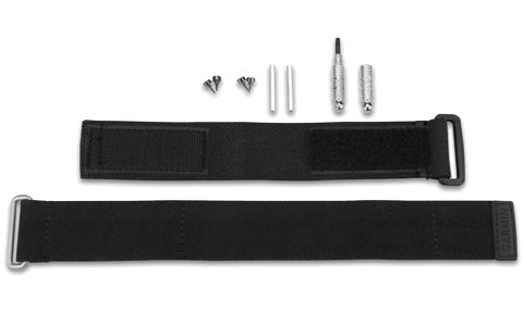 Garmin 010-11814-02 fabric wrist strap set: two black hook-and-loop straps with screws, pins and a tool