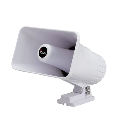 Icom SP-37 external hailer horn speaker, white horn speaker with the Icom logo and a swivel mounting bracket