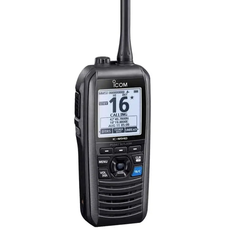 Icom IC-M94DE VHF marine transceiver with DSC and AIS receiver, black handheld with a screen showing channel 16