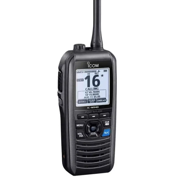 Icom IC-M94DE VHF marine transceiver with DSC and AIS receiver, black handheld with a screen showing channel 16