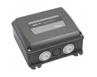 Quick FRRRCR02P000A00 RRC R02+ receiver 2 relays 869 MHz, dark grey box with grey cable glands, angled view