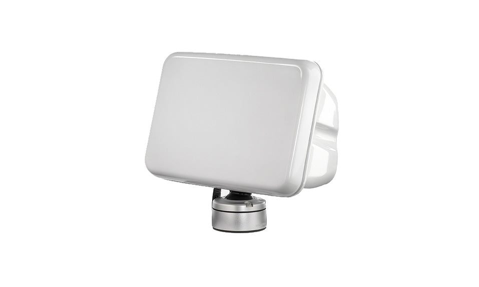 Scanstrut SPD-7-W deck pod, white pod with a lid sitting on a silver rotating base, front three-quarter view on white
