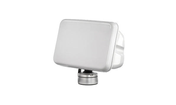 Scanstrut SPD-7-W deck pod, white pod with a lid sitting on a silver rotating base, front three-quarter view on white
