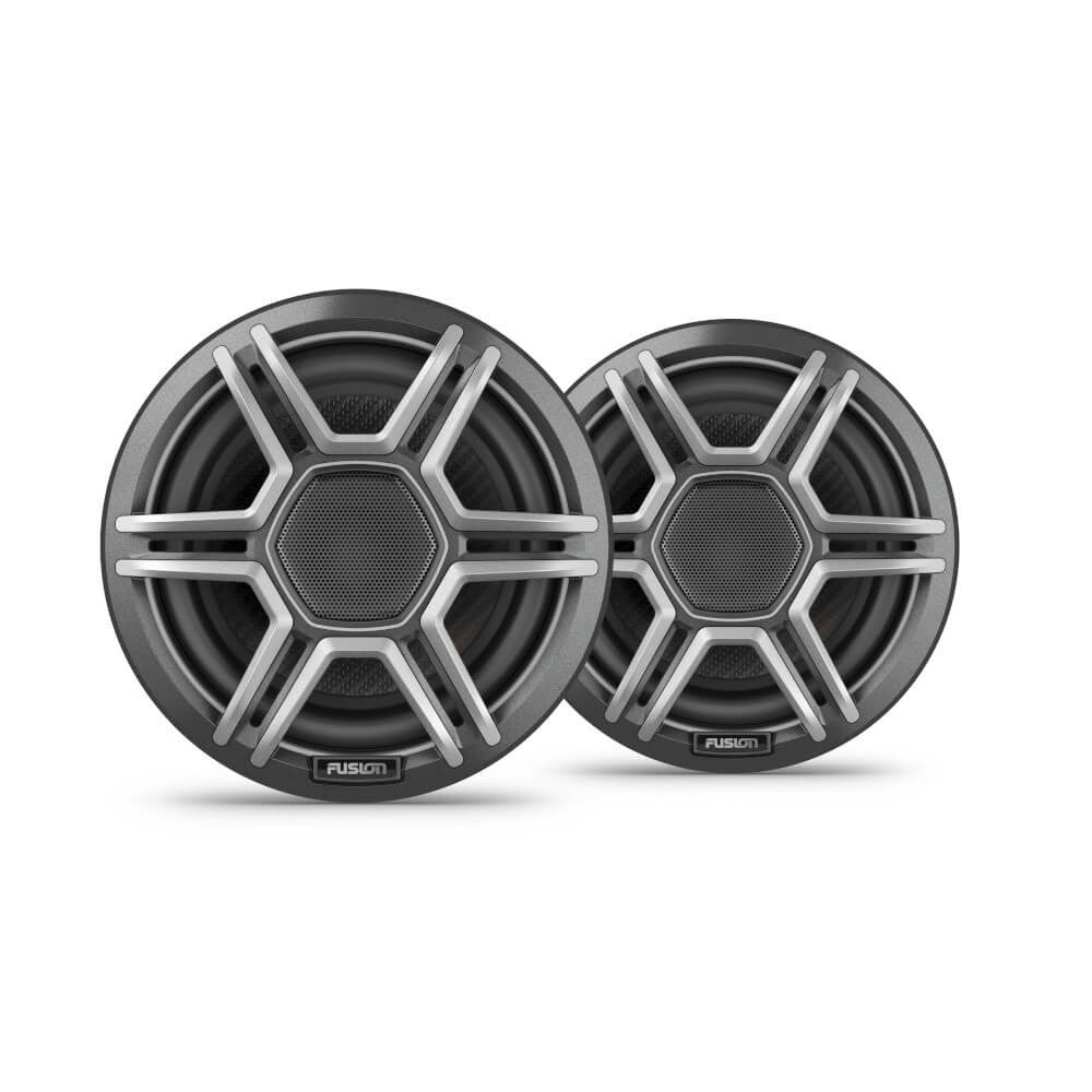 Fusion AP-FL77SPG Apollo 010-02918-13 7.7in LED marine speakers, grey sports grilles, pair unlit, front view