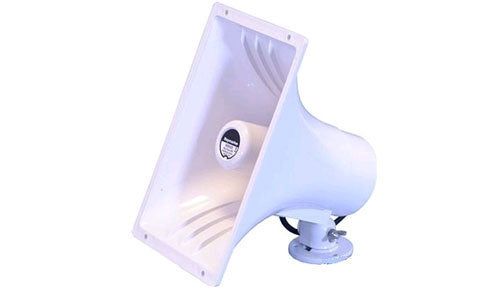 Raymarine M95435 external hailer horn speaker, white rectangular horn on a round mounting base, angled view