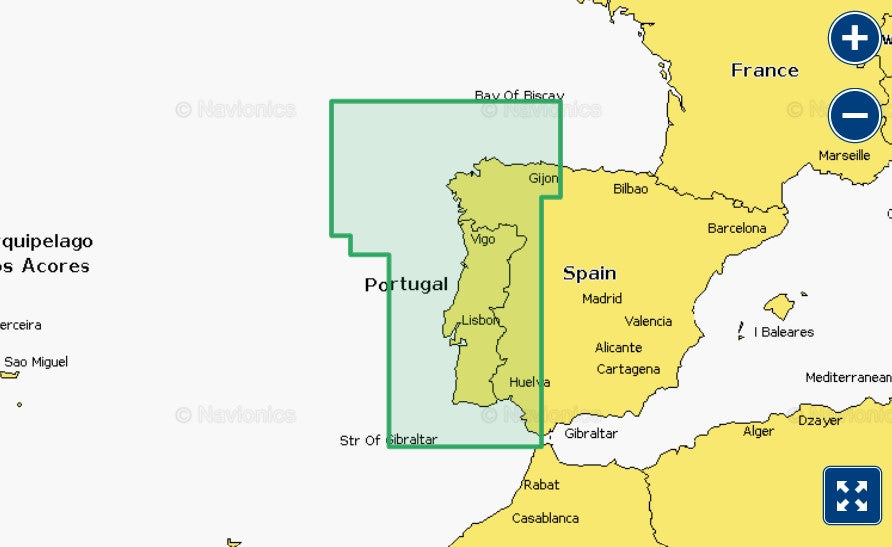 Garmin Navionics+ 010-C1236-20 Portugal and Spain Northwest NSEU009R coverage, green selection over Iberia