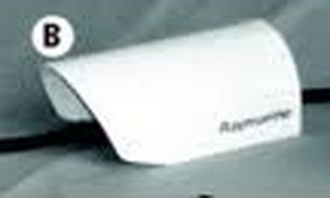 Raymarine R08200 sun cover for CAM100 CCTV marine camera, white curved cover on a grey surface with a B label