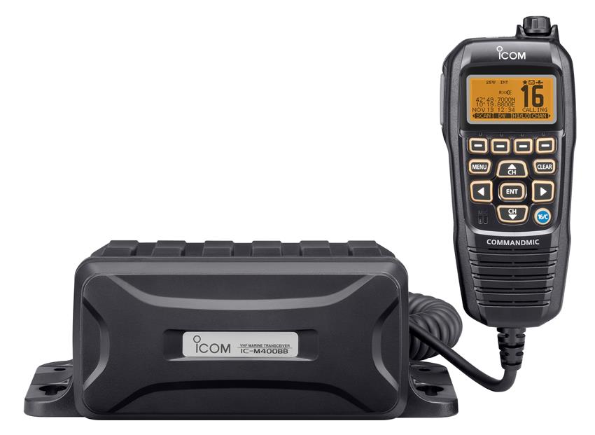 Icom IC-M400BBE modular VHF and DSC marine radio, black box transceiver with a black Commandmic handset showing channel 16