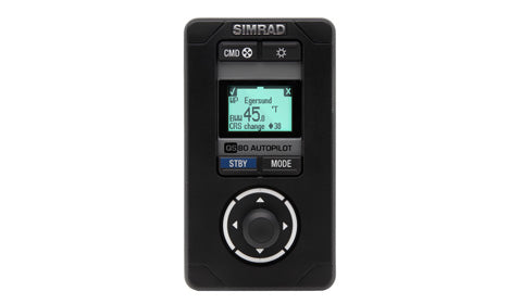 Simrad QS80 Quickstick remote 000-10184-001 front view with small autopilot display, joystick and STBY and MODE keys