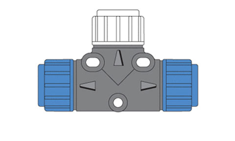 Raymarine A06028 SeaTalk ng T piece, illustration of a grey T-shaped connector with blue and white threaded collars