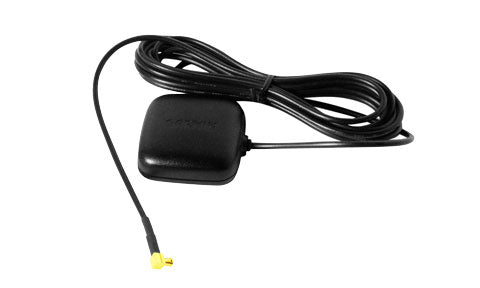Garmin GA 25 010-10702-00 MCX low profile GPS antenna, black square antenna with a long cable and gold MCX plug
