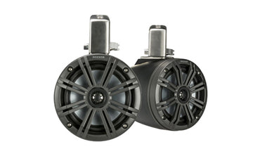 Kicker KM Marine 6.5 inch tower coaxial speaker system, KA45KMTC65, two charcoal tower speakers on steel clamps
