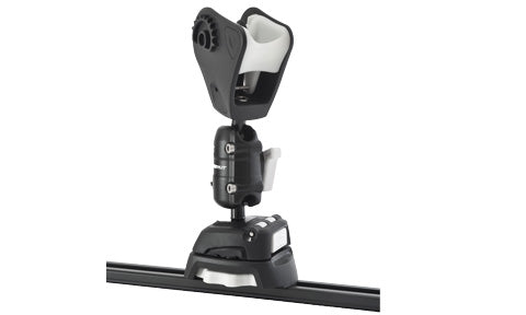ROKK Mini RLS-521-407 mount with ball-joint arm and cradle on a kayak track base, side view