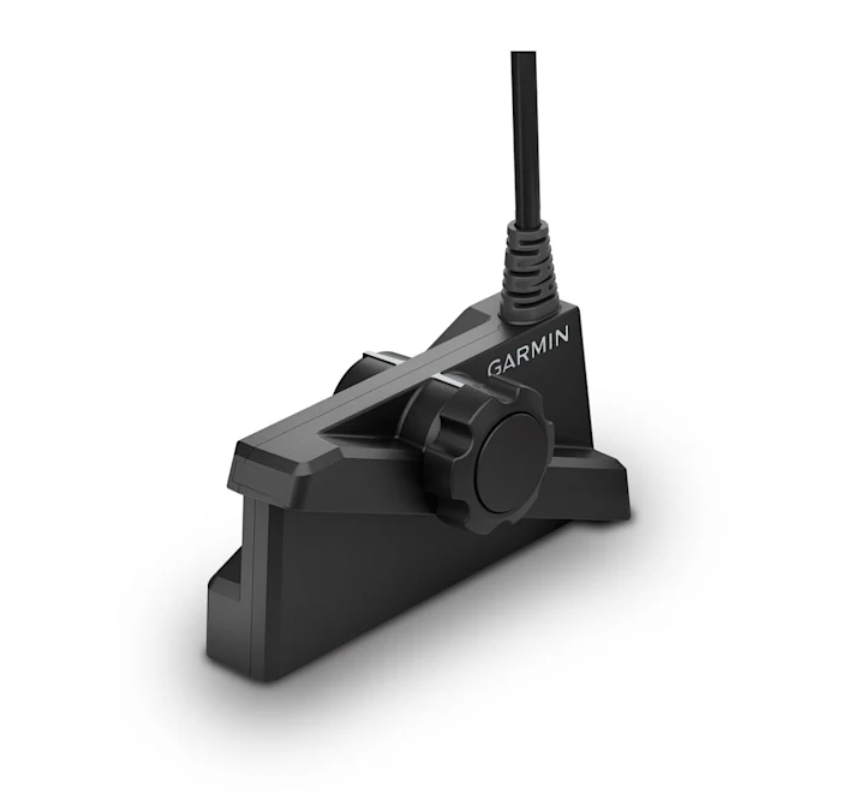 Garmin LiveScope Plus LVS34-IF 010-02706-20 transducer, black housing with large knob and Garmin lettering