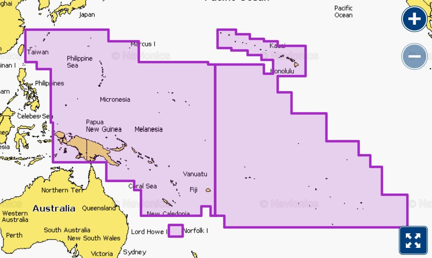 Garmin Navionics+ 010-C1358-30 Pacific Islands NAPC014L coverage, purple selection over the western Pacific