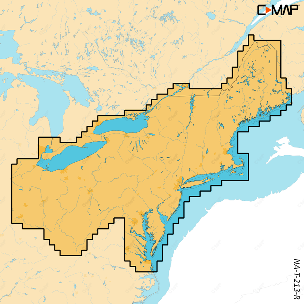 C-MAP Reveal X chart coverage map M-NA-T-213-R-MS showing US lakes northeast region outlined in black
