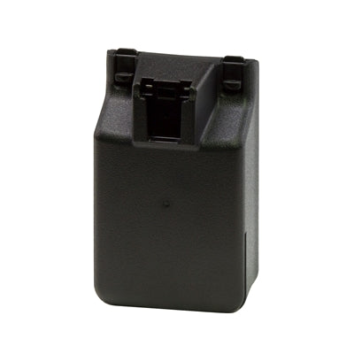 Icom BP-291 five AA battery case, plain black plastic case seen from the side with the top latch recess