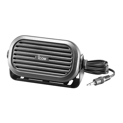 Icom SP-35L external speaker, black slotted speaker housing with Icom logo and cable ending in 3.5mm jack plug