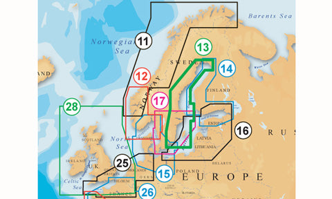 Navionics Platinum Plus compact flash card 13P, coverage map of the Swedish east coast with numbered chart outlines