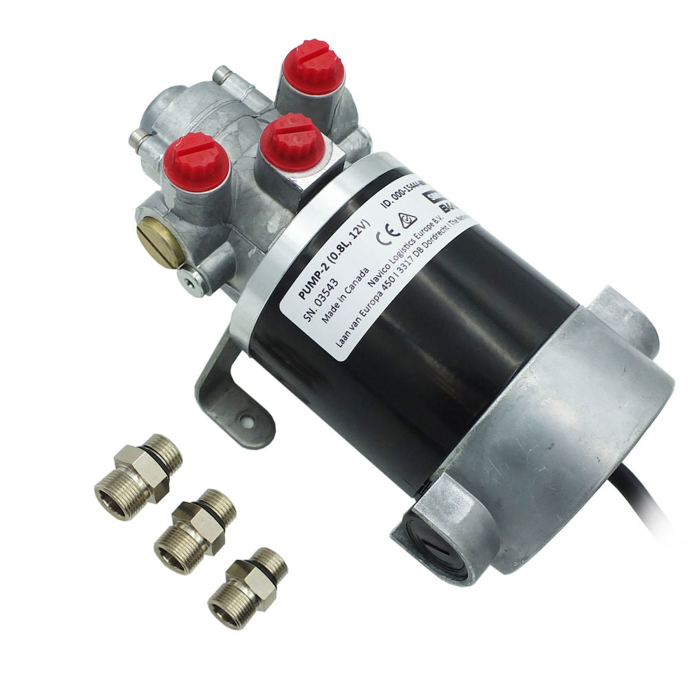 Navico 000-15444-002 PUMP-2 12 V hydraulic 0.8 L, black motor on a silver pump block with red caps and three brass fittings