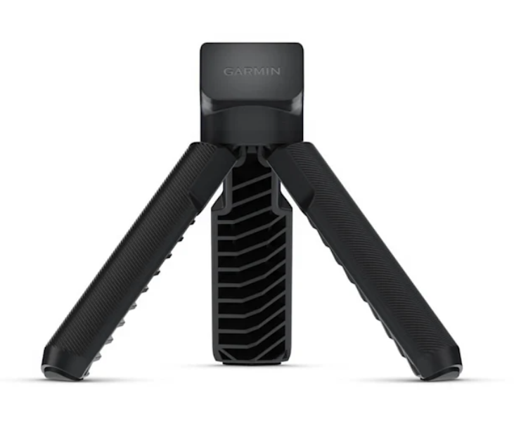 Garmin 010-12981-01 tripod, black foldable tripod with ribbed legs and Garmin logo on the head