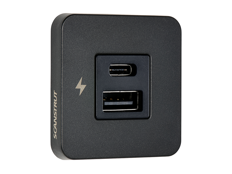 Scanstrut SC-TILE-10 black bezel interior charging socket with USB-C and USB-A ports, angled view