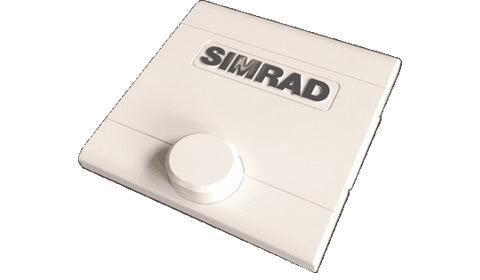 Simrad AP44 display SunCover 000-13724-001, white hinged cover with Simrad logo and round knob, seen from above