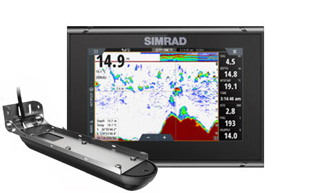 Simrad GO7 XSR 000-14839-001 7 inch chartplotter showing sonar screen, with 3-in-1 transducer at lower left