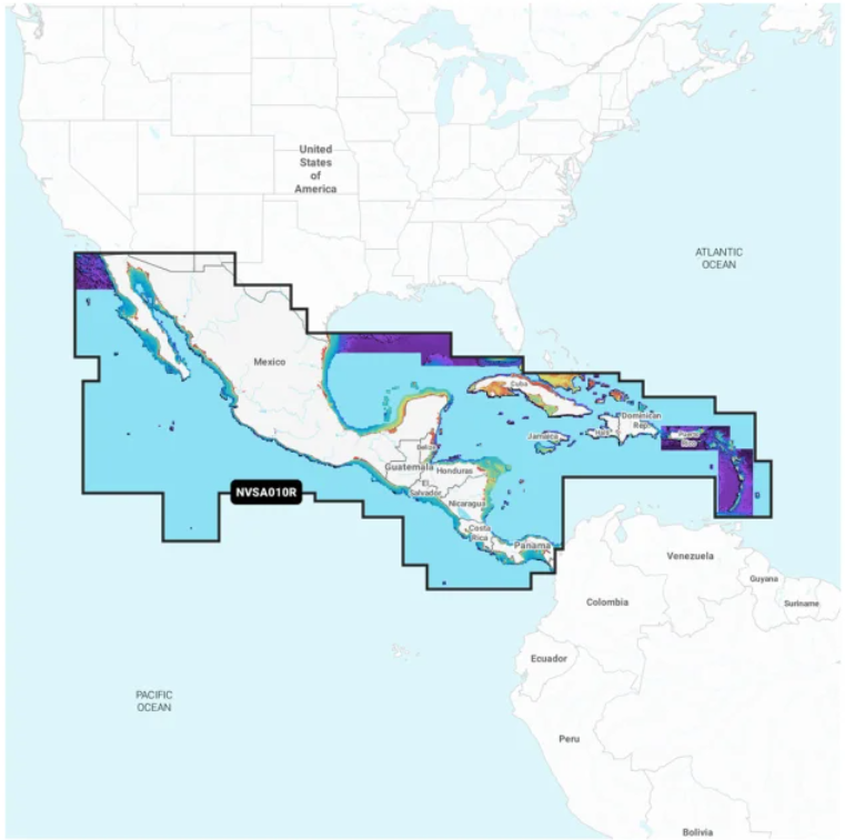 Garmin Navionics+ 010-C1451-00 Central America and Caribbean inland and coastal charts, blue outline round Mexico