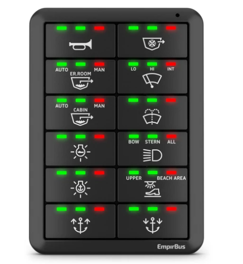 Garmin EmpirBus 010-02372-00 SP12 vertical switch panel, twelve rocker switches with green and red LEDs and icons