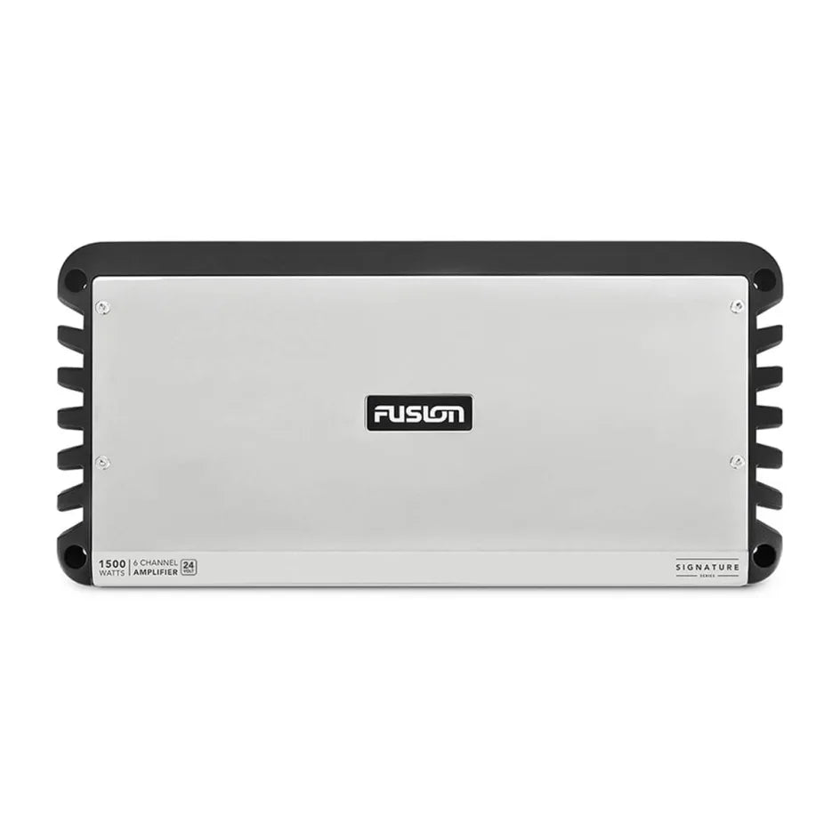 Fusion Signature Series 24V 010-02556-00 6 channel 1500 watt marine amplifier, silver top with black fins, front