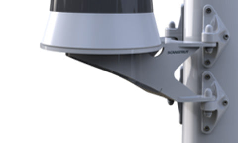 Scanstrut CAM-MM-02 camera mast mount, grey bracket clamped to a white mast under a camera housing, close-up