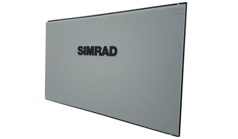 Simrad suncover 000-14355-001 for 19 inch monitor, grey flat panel cover with Simrad logo, angled front view