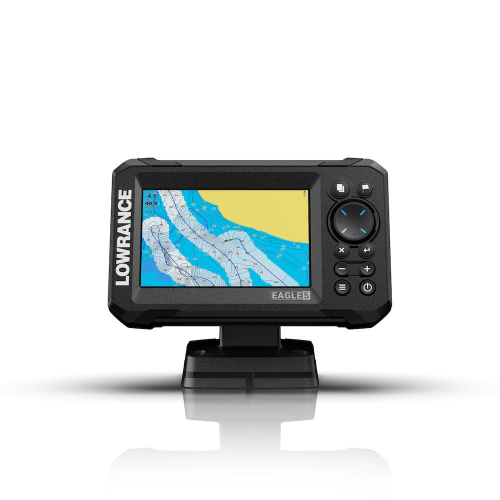 Lowrance 000-16310-001 Eagle 5 with 50/200 HDI, front view of a 5 inch fishfinder on a bracket showing a chart